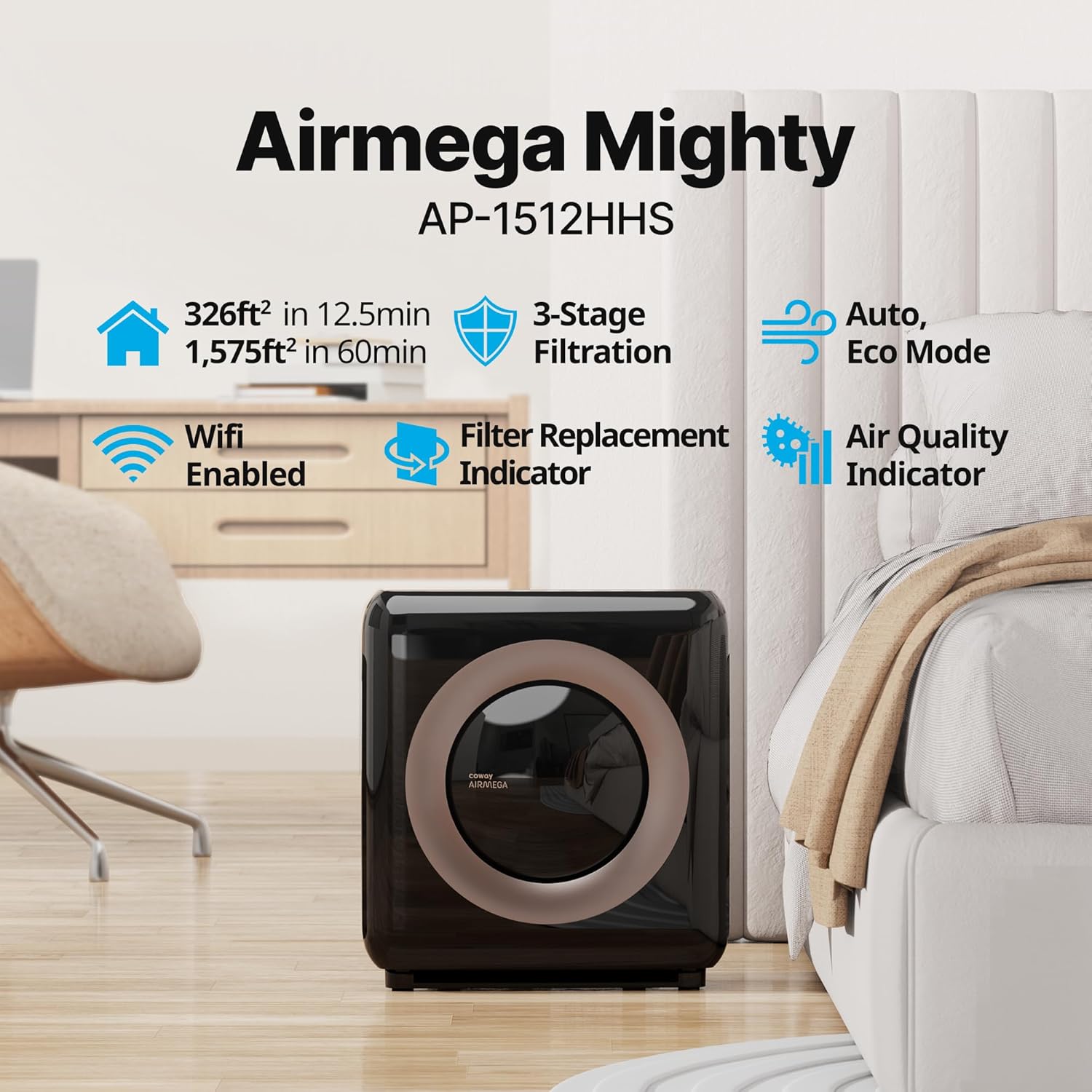 Coway Airmega AP-1512HH True HEPA Air Purifier with Air Quality Monitoring, Auto Mode, Timer, Filter Indicator, Eco Mode - PuriLite
