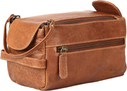 Premium Buffalo Leather Unisex Toiletry Bag Travel Dopp Kit Shaving kit (Distressed Tan) - PuriLite