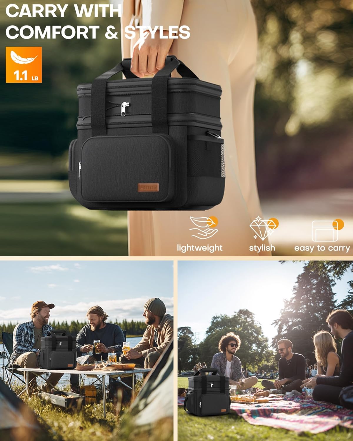 HOTOR Lunch Box for Men and Women - Leak-Proof Insulated Lunch Bag with Adjustable Shoulder Strap, Cooler Lunch Bag for Office, Picnic, Hiking, Beach, 1 Layer, Black, 11.0" x 7.1" x 8.3" - PuriLite