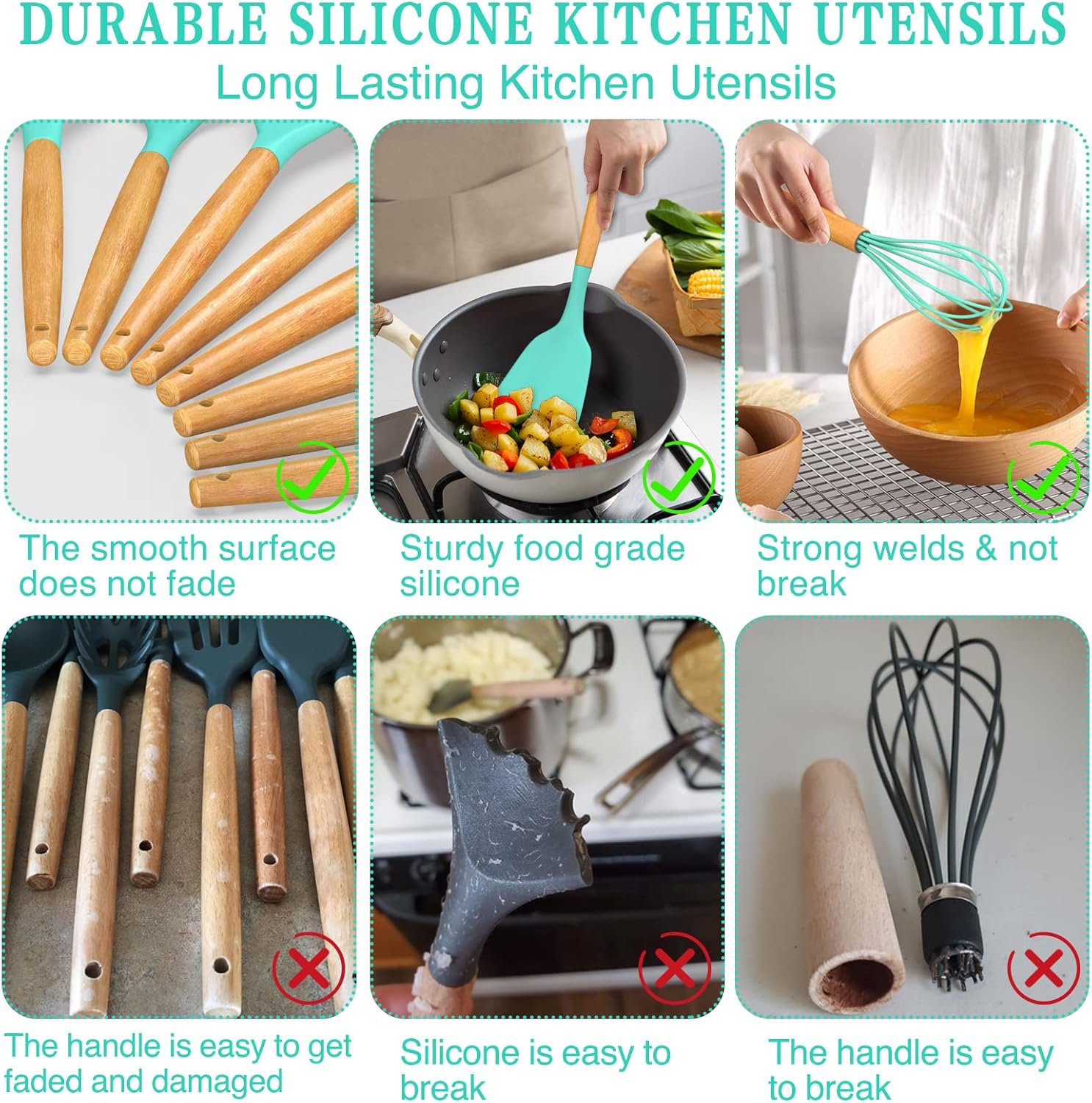 Umite Chef Kitchen Cooking Utensils Set, 33 pcs Non-Stick Silicone Cooking Kitchen Utensils Spatula Set with Holder, Wooden Handle Silicone Kitchen Gadgets Utensil Set (Khaki) - PuriLite