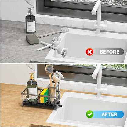 Cisily Sponge Holder for Kitchen Sink, Sink Caddy with High Brush Holder, Organzier Rustproof 304 Stainless Steel Dish Organizer Divider, Soap Dispenser Storage (Black) - PuriLite