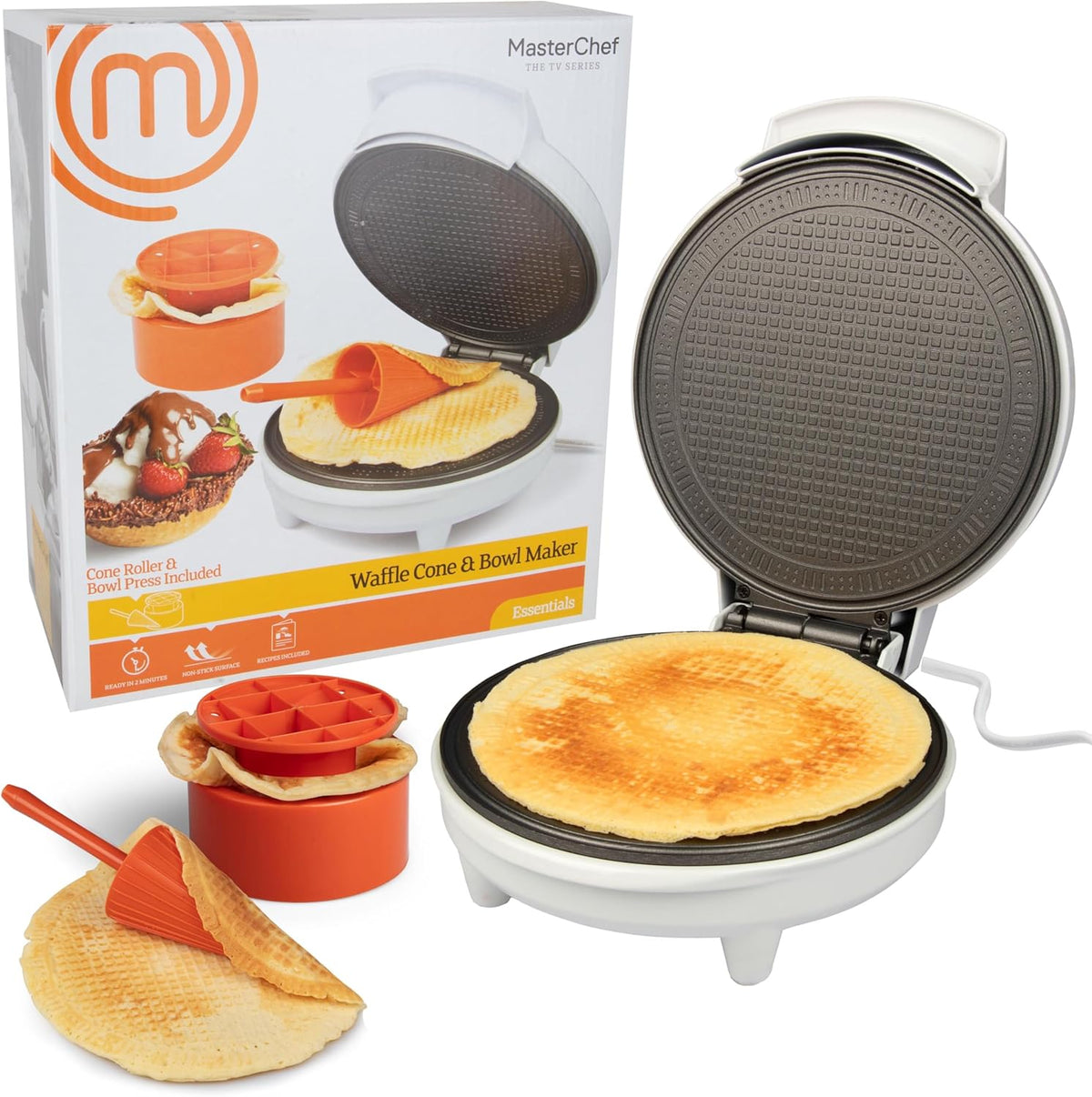 MasterChef Waffle Cone and Bowl Maker- Includes Shaper Roller and Bowl Press- Homemade Ice Cream Cone Baking Iron Machine, Fun Kitchen Appliance for Summer Parties & Gift Giving - PuriLite