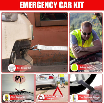 Car Emergency Kit with Tow Rope, Jumper Cables, Tire Repair & First Aid