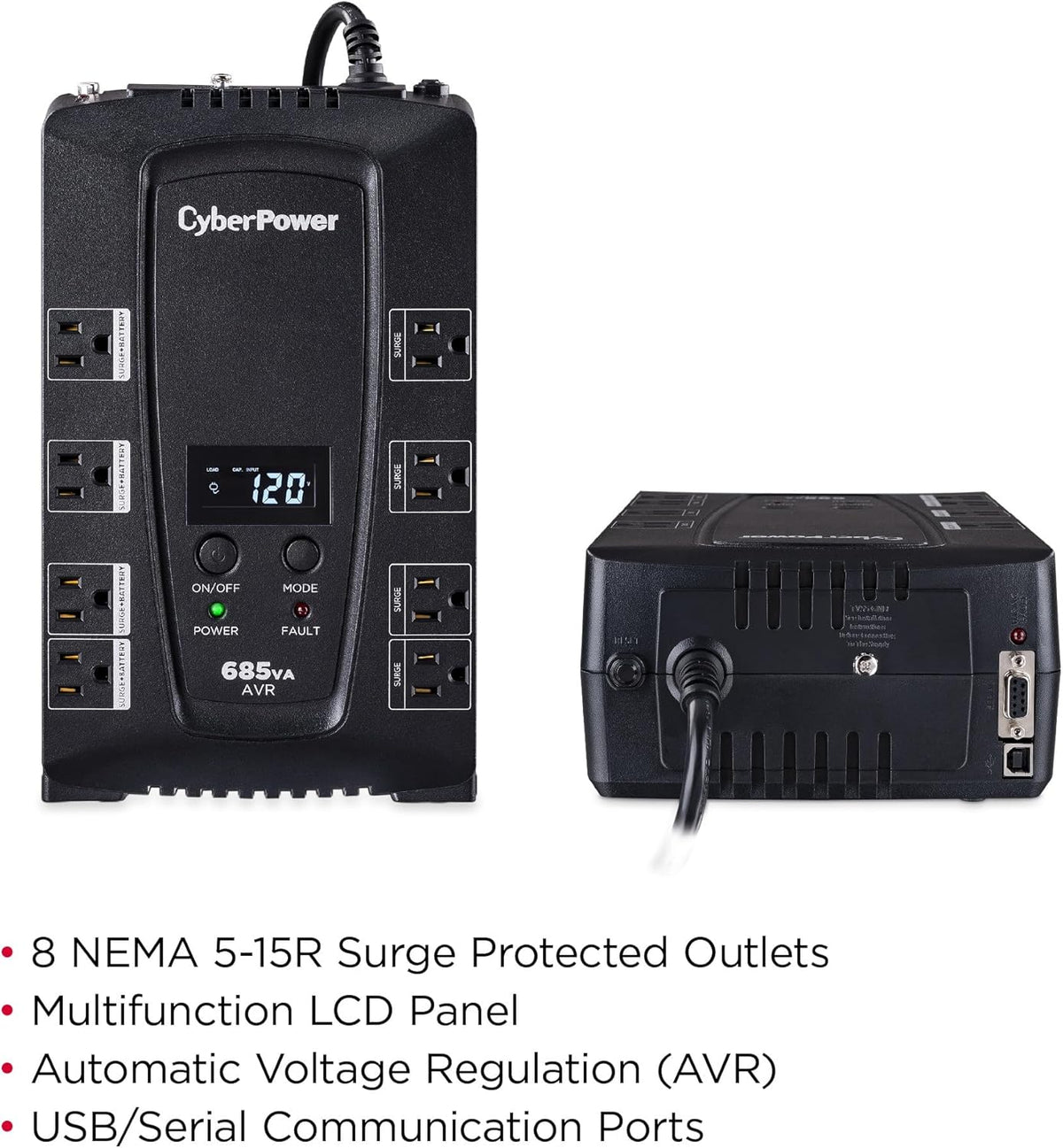 CyberPower CP825AVRLCD Intelligent LCD UPS System, 825VA/450W, 8 Outlets, AVR, Compact - PuriLite