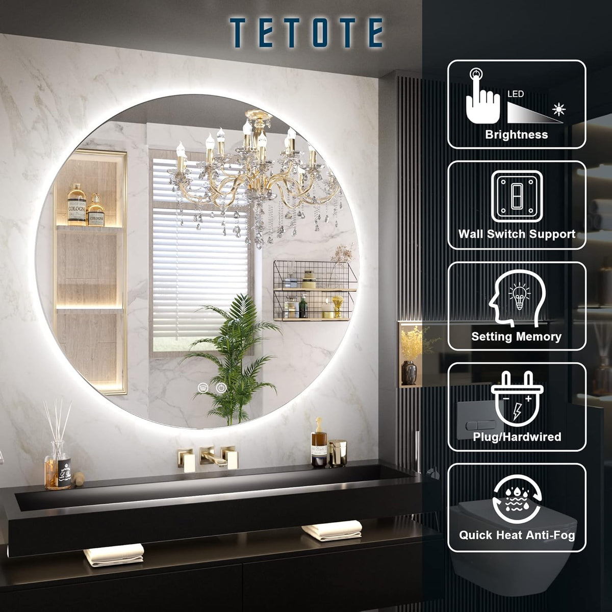 TETOTE 28 Inch Round LED Bathroom Vanity Mirror, Anti-Fog Dimmable Lights IP54 Waterproof Circle Makeup Wall Mounted Mirror - PuriLite