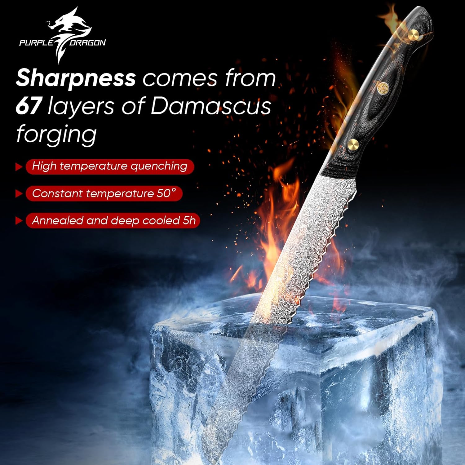 Purple Dragon Damascus Fish Fillet Knife - 7 inch Flexible Boning Knife with VG10 Core, Kitchen Slicing Knife with Full Tang Handle, Birthday Dad Mom Gift - PuriLite