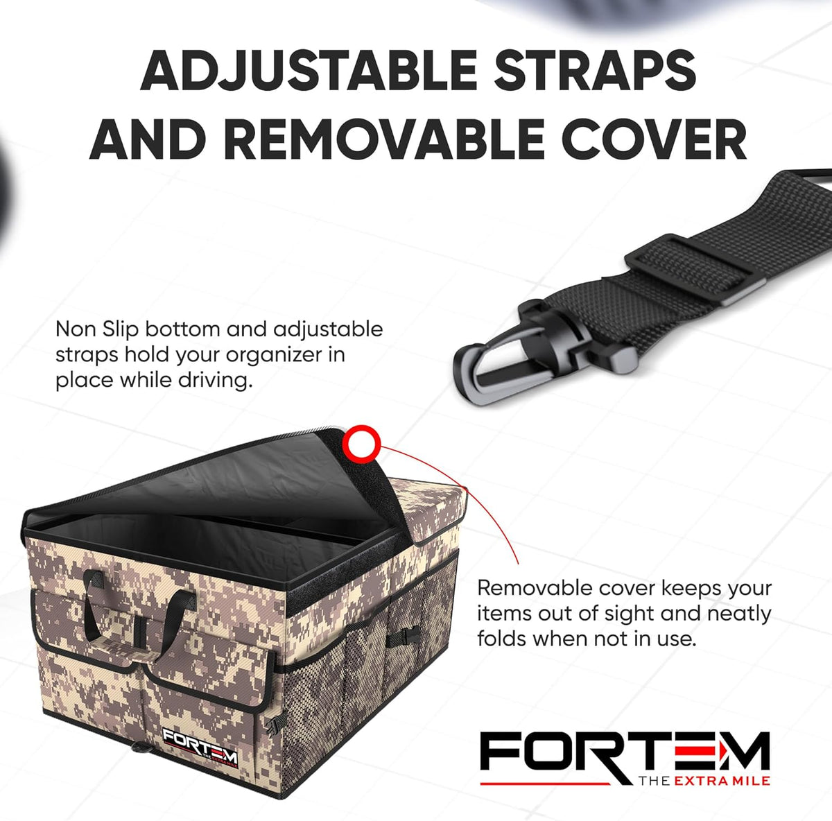 FORTEM Car Trunk Organizer, Collapsible Multi Compartment Car Organizer, Foldable SUV Storage for Car Accessories for Women Men, Non Slip Bottom, Securing Straps, Soft Cover 50L (Black, Standard) - PuriLite