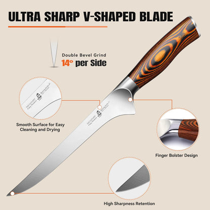TUO Boning Knife - Razor Sharp Fillet Knife - High Carbon German Stainless Steel Kitchen Cutlery - Pakkawood Handle - Luxurious Gift Box Included - 7 inch - Fiery Phoenix Series - PuriLite