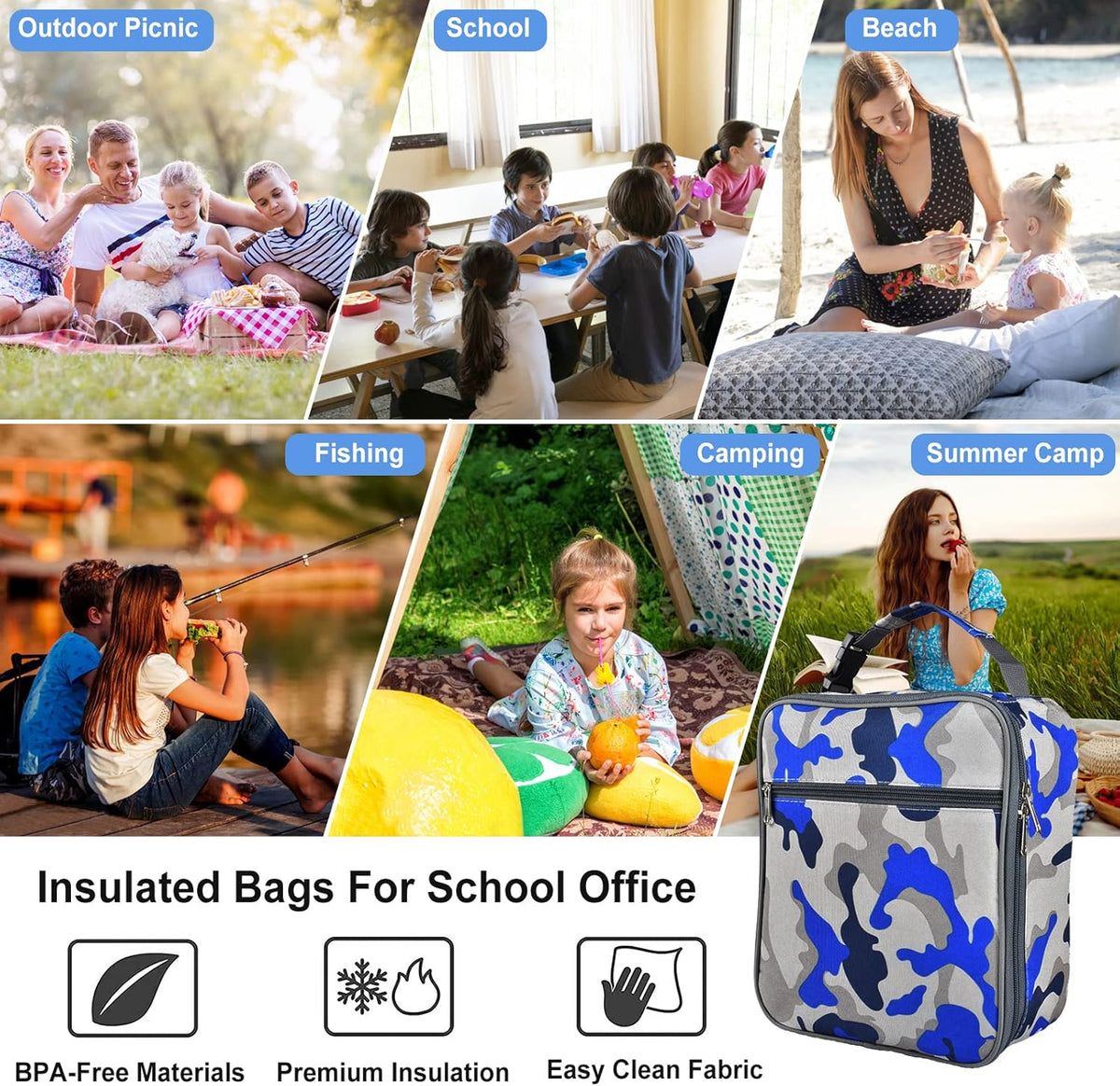 Insulated Lunch Bag, Leakproof Portable Lunch Box for Women Men Boys Girls, Large Capacity Cooler Bag with Handle and Bottle Pocket for Office School Camping Hiking Outdoor Beach Picnic (Black) - PuriLite