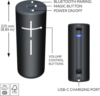 Ultimate Ears MEGABOOM 4 Portable Waterproof Bluetooth Speaker with Powerful 360-Degree Sound and Thundering Bass, Floating Speaker with 20-Hour Battery and 147ft (45m) Range - Black - PuriLite