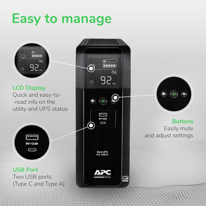 APC BR1000MS Sine Wave UPS Battery Backup & Surge Protector, 1000VA, Backups Pro, Black - PuriLite