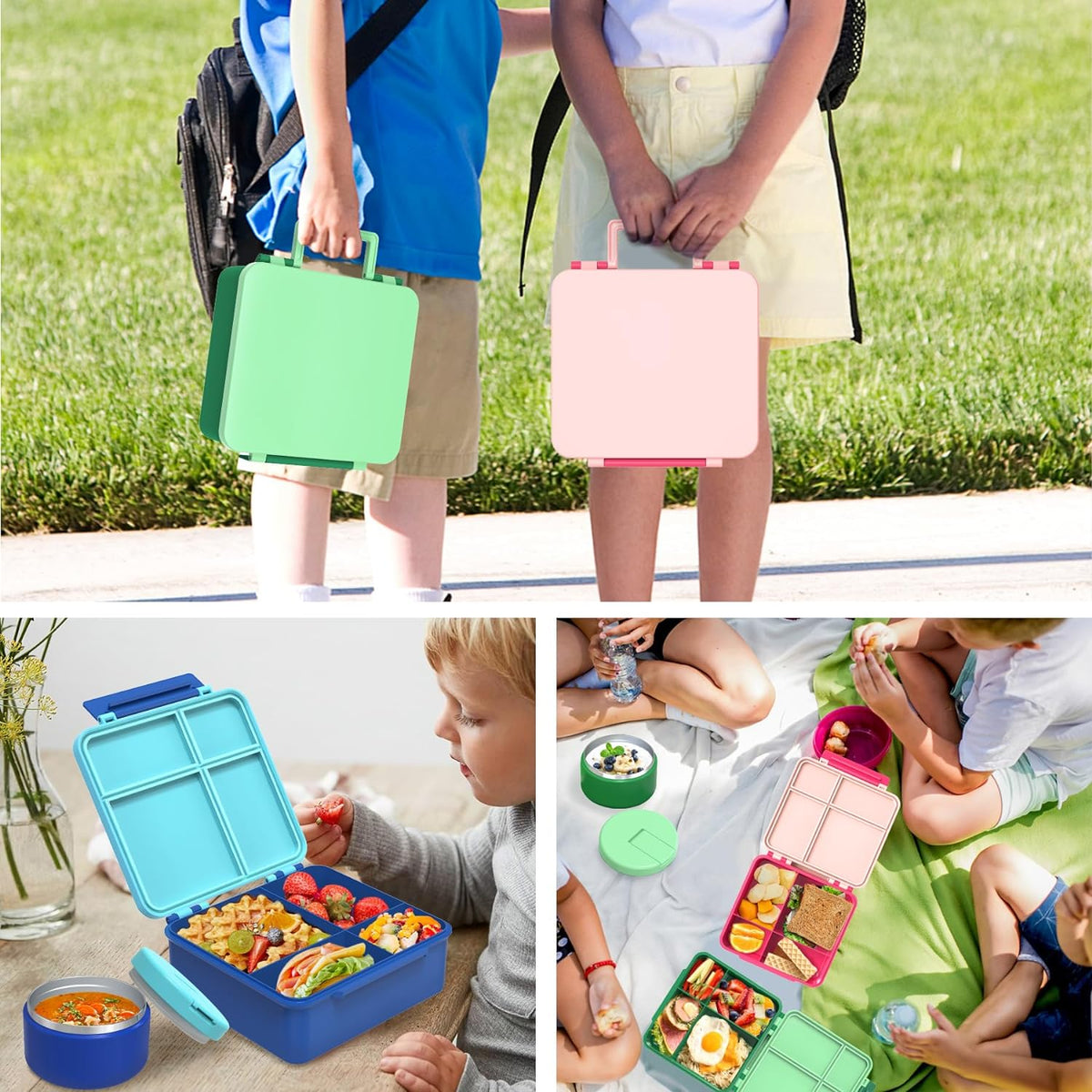 Bento Lunch Box for Kid with 7oz Soup Jar, Leak-Proof Lunch Box with Cutlery, 4-Compartments Lunch Container for School Outdoors Office - PuriLite
