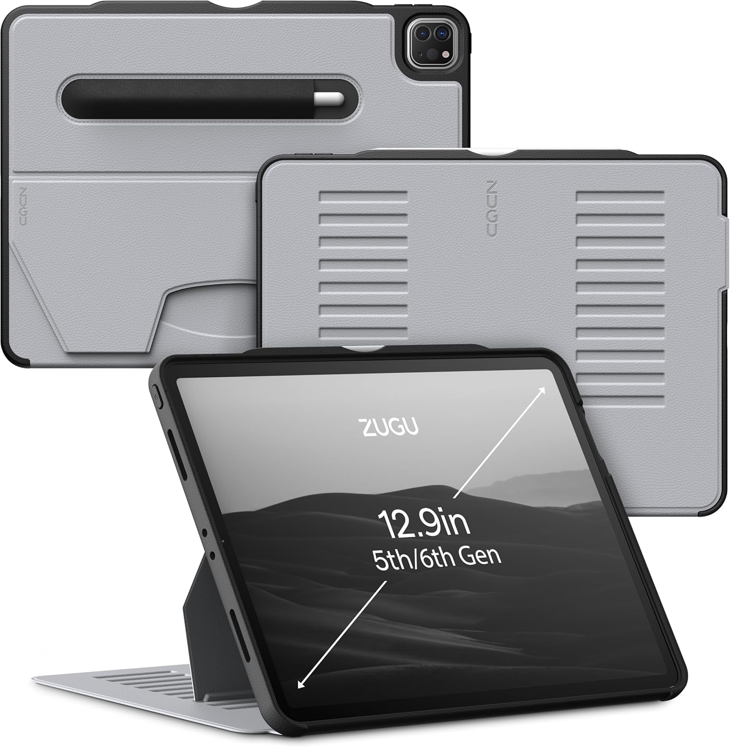 ZUGU iPad Pro 12.9 Case 2022/2021 6th & 5th Generation - Ultra Slim Protective Cover - Wireless Apple Pencil Charging - Convenient 10-Angle Magnetic Stand & Auto Sleep/Wake [ Black ] - PuriLite