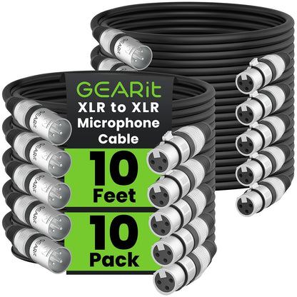 GEARit XLR Male to Female Microphone Cable (10 Feet, 6-Pack) 3-Pin Balanced Shielded Mixer, Recording Studio, Podcast - Black - PuriLite
