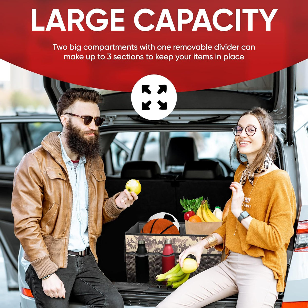 FORTEM Car Trunk Organizer, Collapsible Multi Compartment Car Organizer, Foldable SUV Storage for Car Accessories for Women Men, Non Slip Bottom, Securing Straps, Soft Cover 50L (Black, Standard) - PuriLite