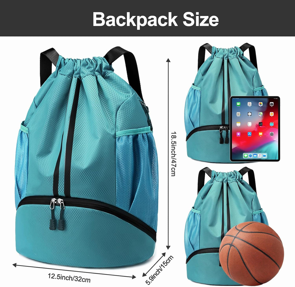 Hoedia Sports Drawstring Backpack - String Swim Gym Bag with Shoes Compartment and Wet Proof Pocket for Women/Men - PuriLite