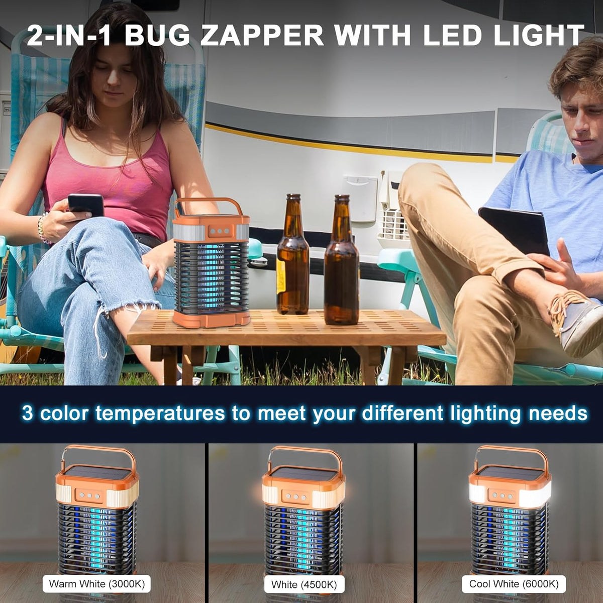 Mosquito Zapper, Solar Bug Zapper 4200V Cordless & Rechargeable Bug Zapper Outdoor with LED Light, Portable Waterproof Electric Fly Zapper with Hook, for Patio Camping Backyard Garden - PuriLite