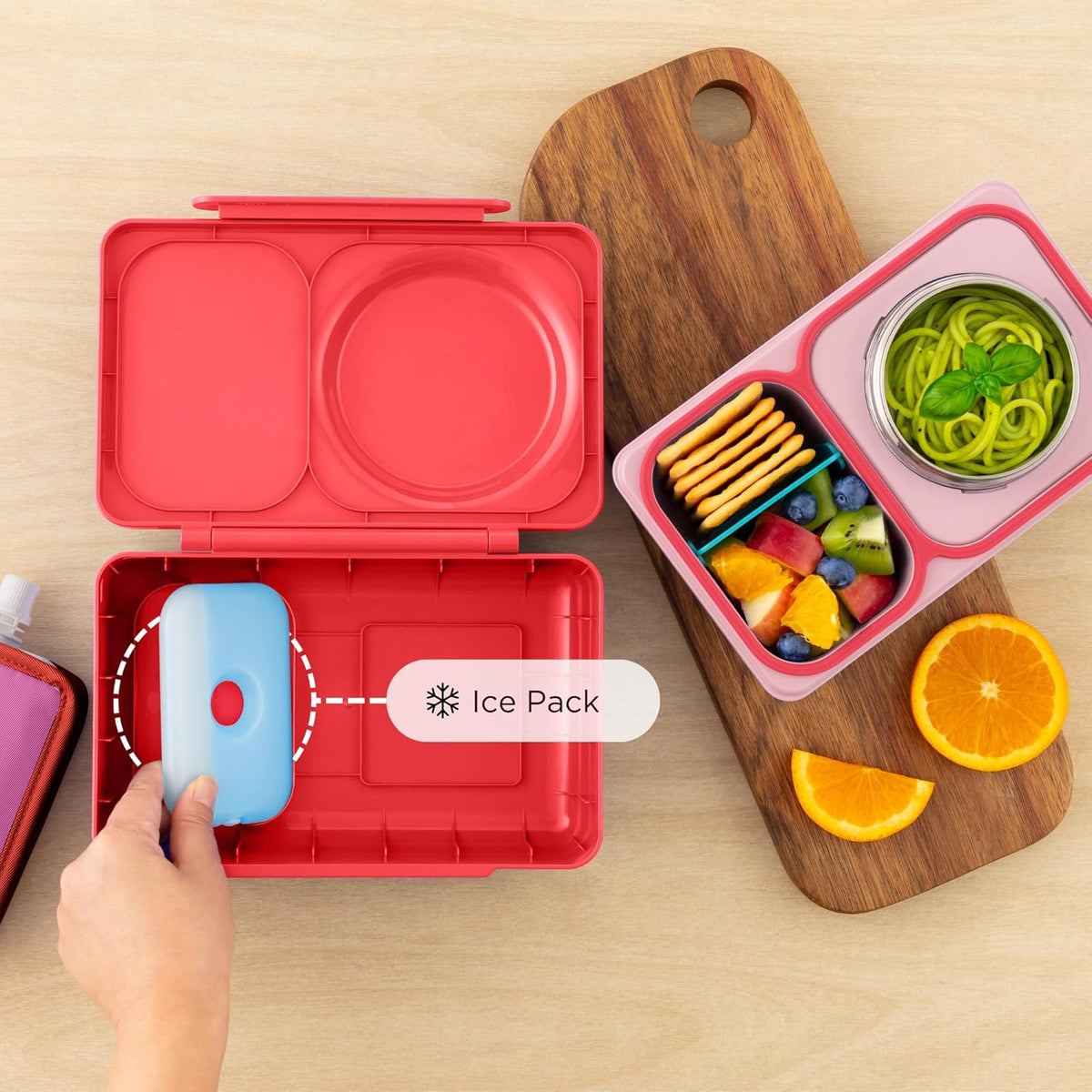 OmieBox UP bento box for kids | Insulated lunch box | Insulated food jar | Cooler ice pack | 2 Compartments (Cherry Pink) - PuriLite