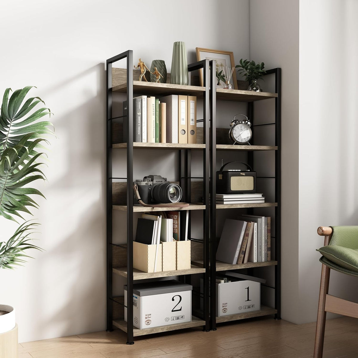 KZZLOL Bookshelf 5 Tier, Corner Bookcase with MDF Board & Metal Frame, Industrial Book Shelf Decor for Living Room, Study, Kitchen ,Bedroom Storage (Dark Brown) - PuriLite