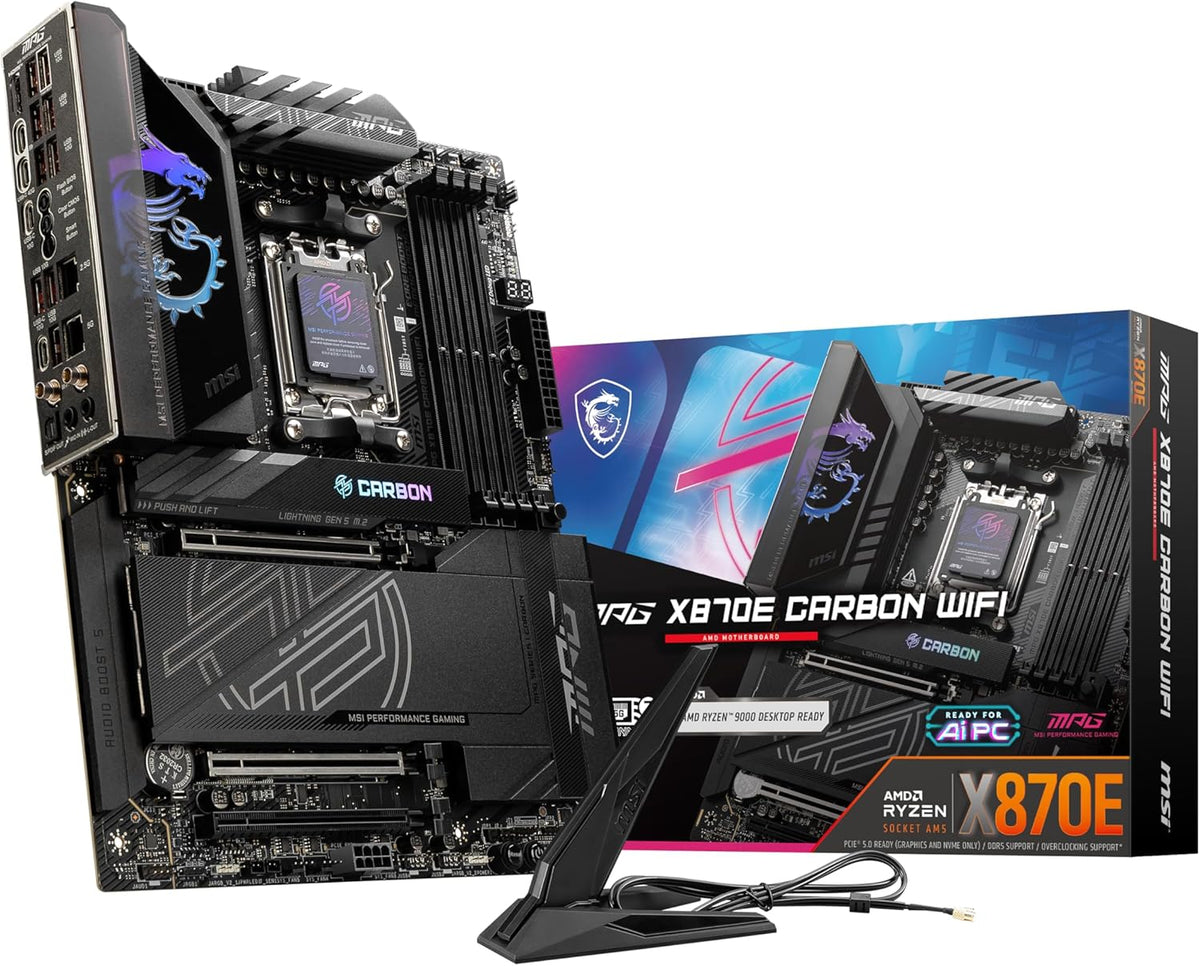 MSI MPG X870E Carbon WiFi Gaming Motherboard (AMD Ryzen 9000/8000/7000 Series Processors, AM5, DDR5, PCIe 5.0, SATA 6Gb/s, M.2, USB 3.2 Gen 2, Wi-Fi 6E, Bluetooth 5.3, LAN 2.5Gbps, HDMI/DP, ATX) - PuriLite