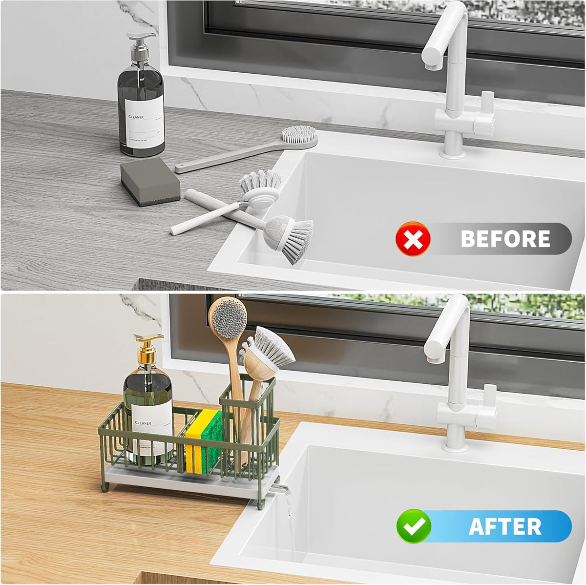Cisily Sponge Holder for Kitchen Sink, Sink Caddy with High Brush Holder, Organzier Rustproof 304 Stainless Steel Dish Organizer Divider, Soap Dispenser Storage (Black) - PuriLite