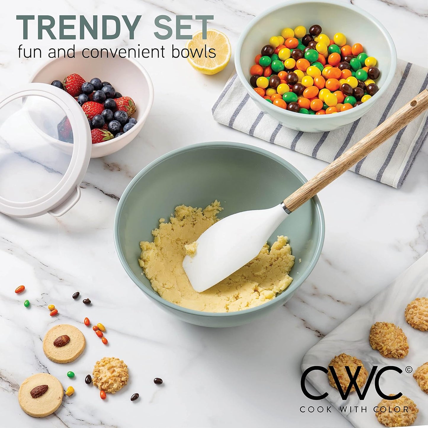 COOK WITH COLOR Mixing Bowls with TPR Lids - 12 Piece Plastic Nesting Bowls Set Includes 6 Prep Bowls and 6 Lids, Microwave Safe Mixing Bowl Set (Mint) - PuriLite