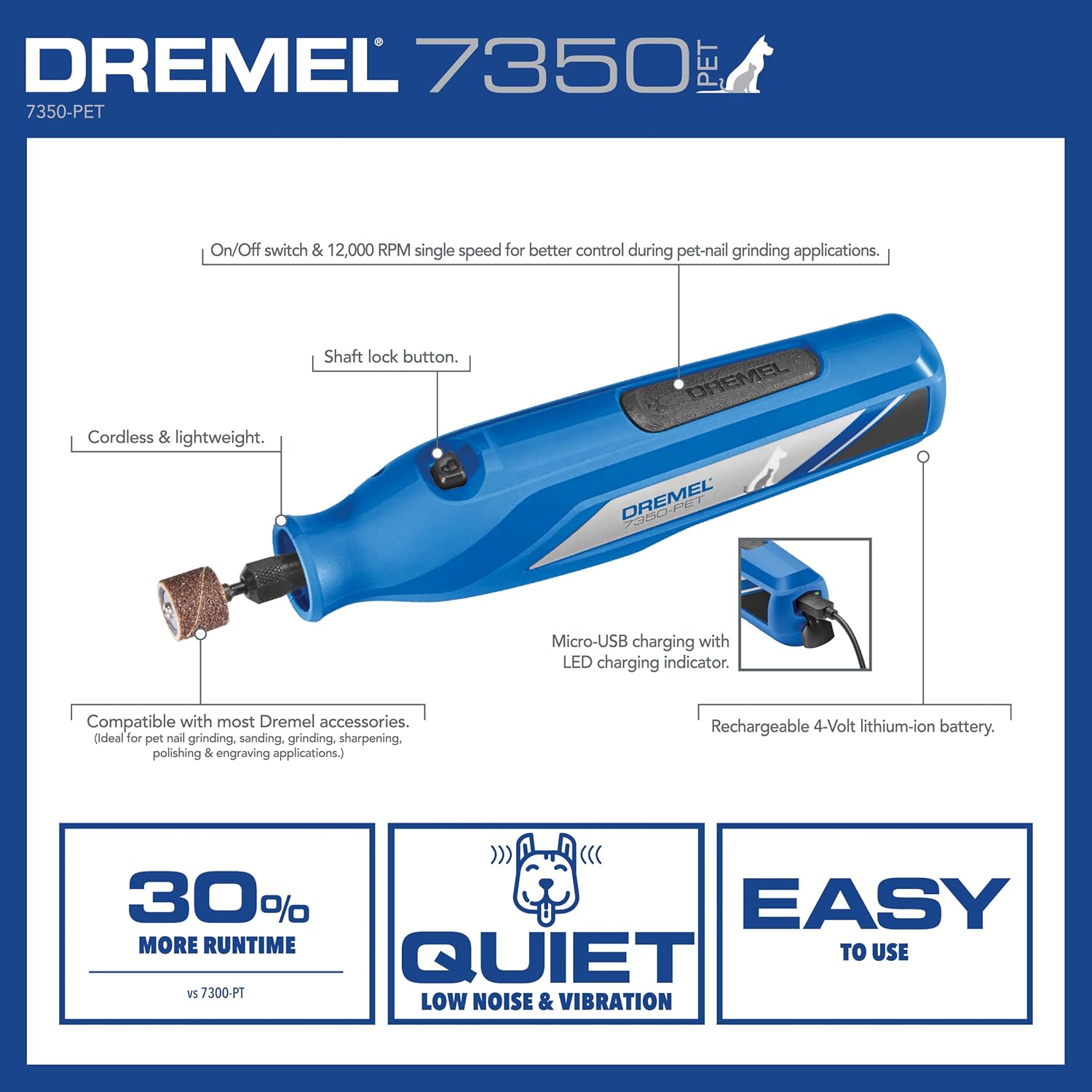 Dremel 7350-PET 4V Pet & Dog Nail Grinder, Easy-to-Use & Safe Nail Trimmer, Professional Pet Grooming Kit - Works on Large, Medium, Small Dogs & Cats - PuriLite