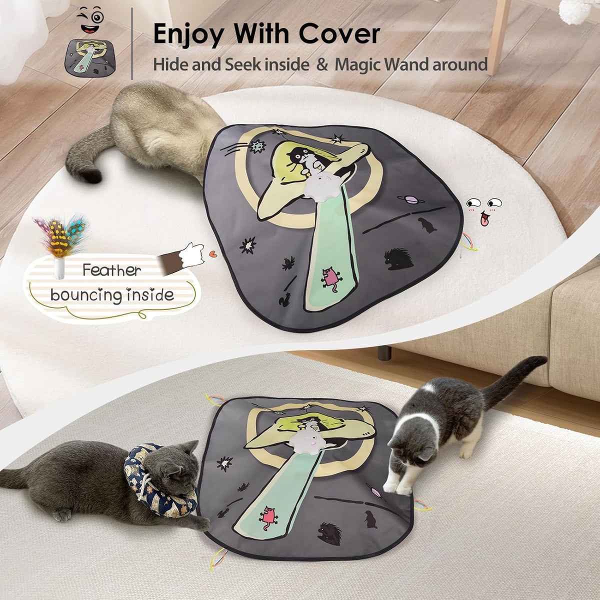 ORSDA Cat Toys Interactive, 4 in 1 Automatic Cat Toy, Hide and Seek, Whack a Mole, Magic Wand, Chasing Feather, with 4 Replacements, USB Rechargeable, for All Breed Sizes - PuriLite