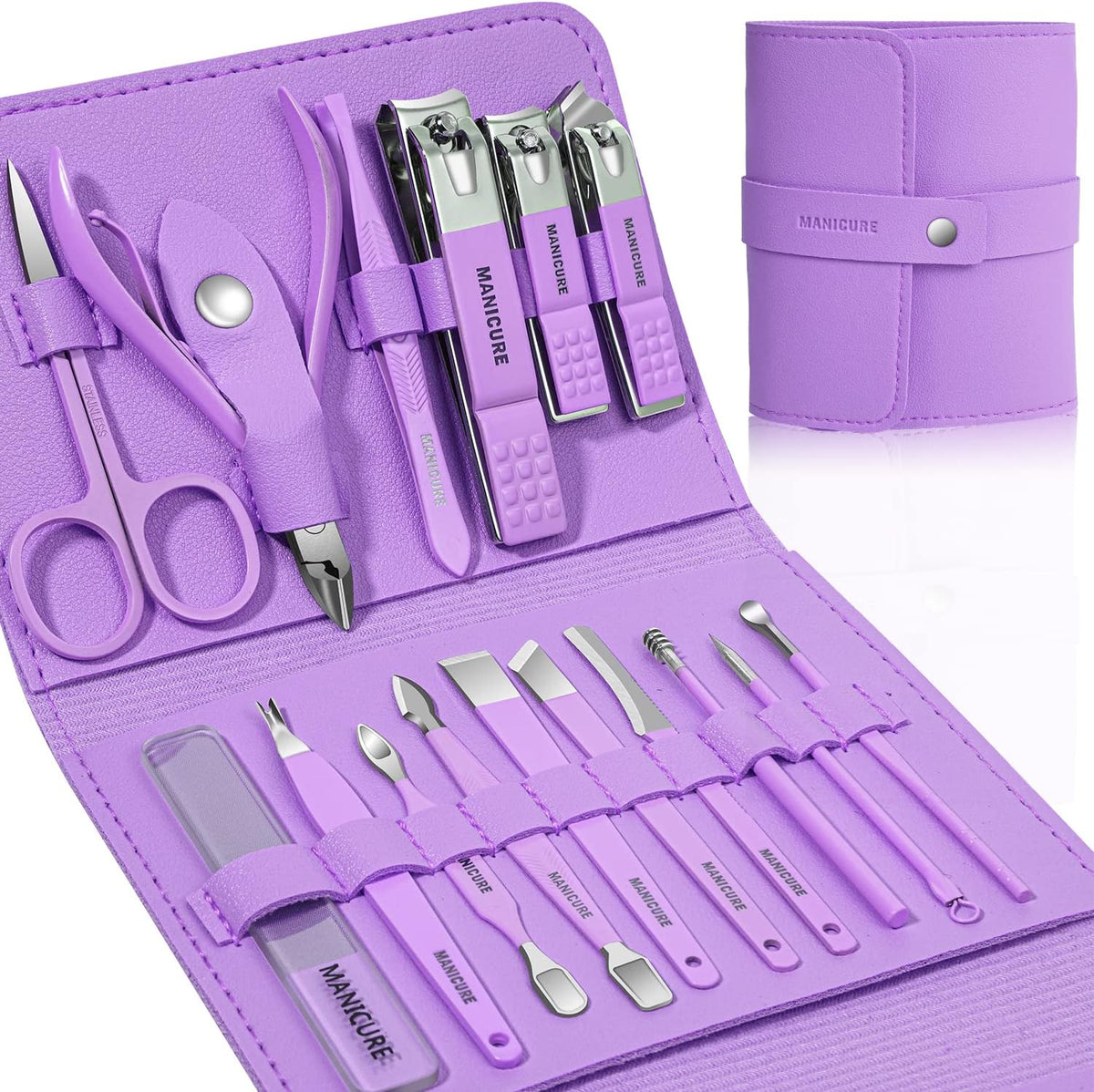 Manicure Set Professional Nail Clippers Pedicure Kit, 16 pcs Stainless Steel Nail Care Tools Grooming Kit with Luxurious Travel Leather Case for Thick Nails Men Women Gift (Black) - PuriLite