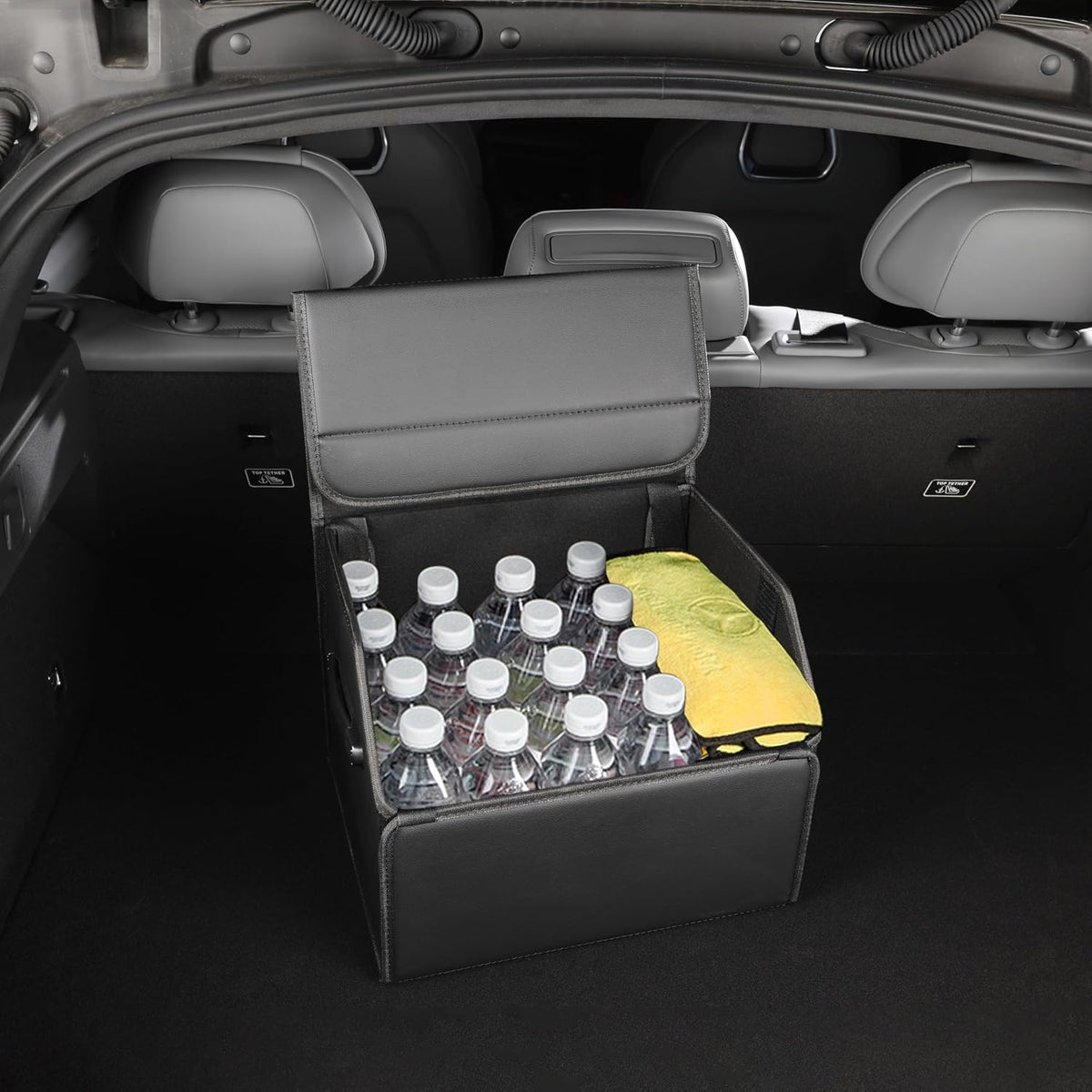 Trunk Organizer,car organizers and storage,black Leather Storage Box with lid,38cm(L) x 33cm(B) x 31.5cm(H),Fiberboard,Collapsible,2K inches³(size A)