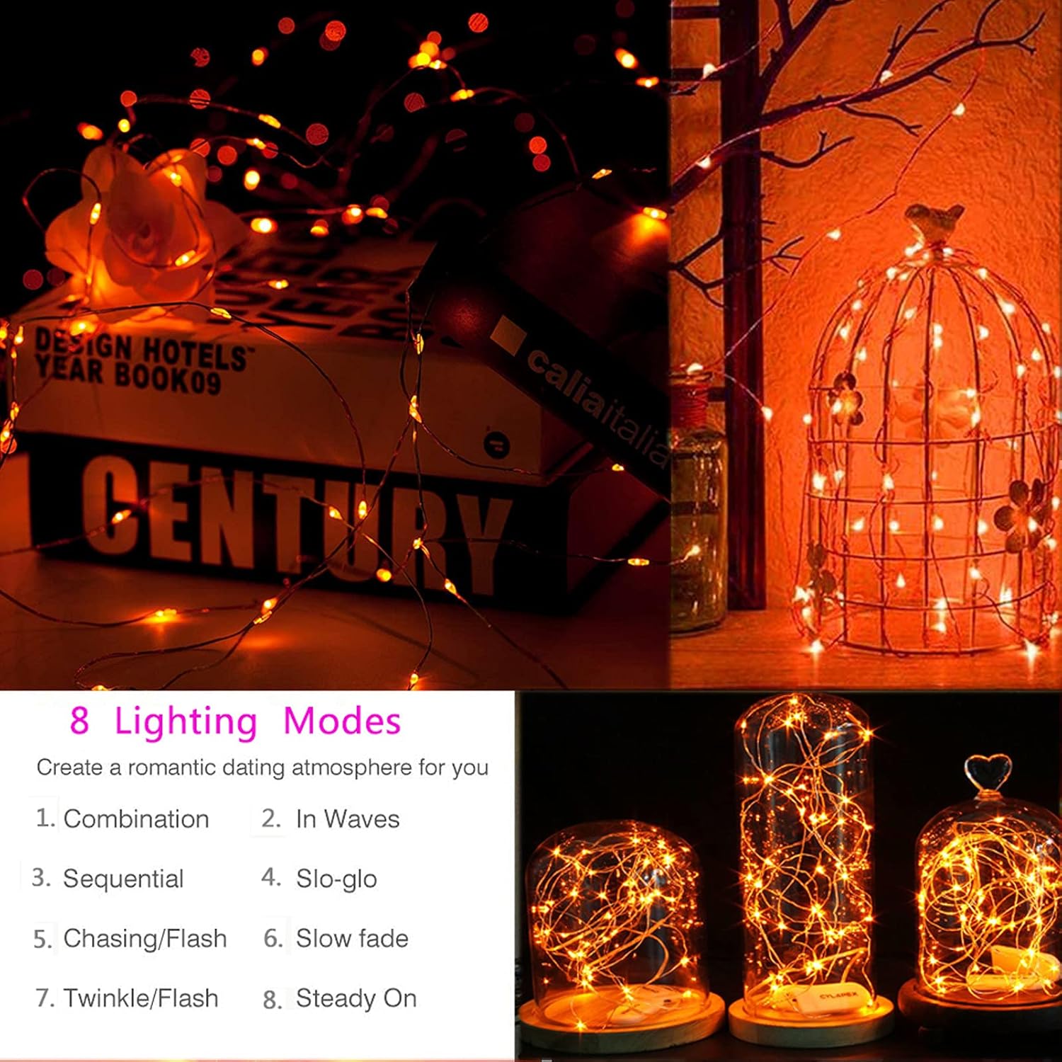 LYHOPE Orange Halloween Lights, 2 Pack 33ft 100 Led Battery Operated Halloween Lights, Waterproof 8 Modes with Remote Copper Wire String Lights for Halloween Holiday Party Carnival Decorations - PuriLite