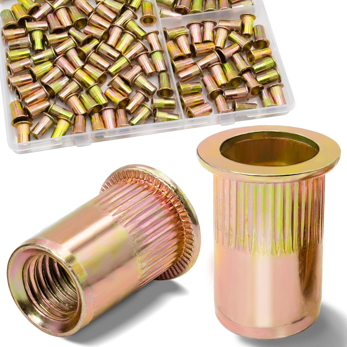 Vifmy Metric & SAE Rivet Nut Assortment Kit(420 Pcs),m3 m4 m5 m6 m8 m10 m12#6-32#8-32#10-24 1/4"-20 5/16"-18 3/8"-16 UNC Flat Head Rivnut Set,Zinc Plated Finish Carbon Steel Nutsert - PuriLite