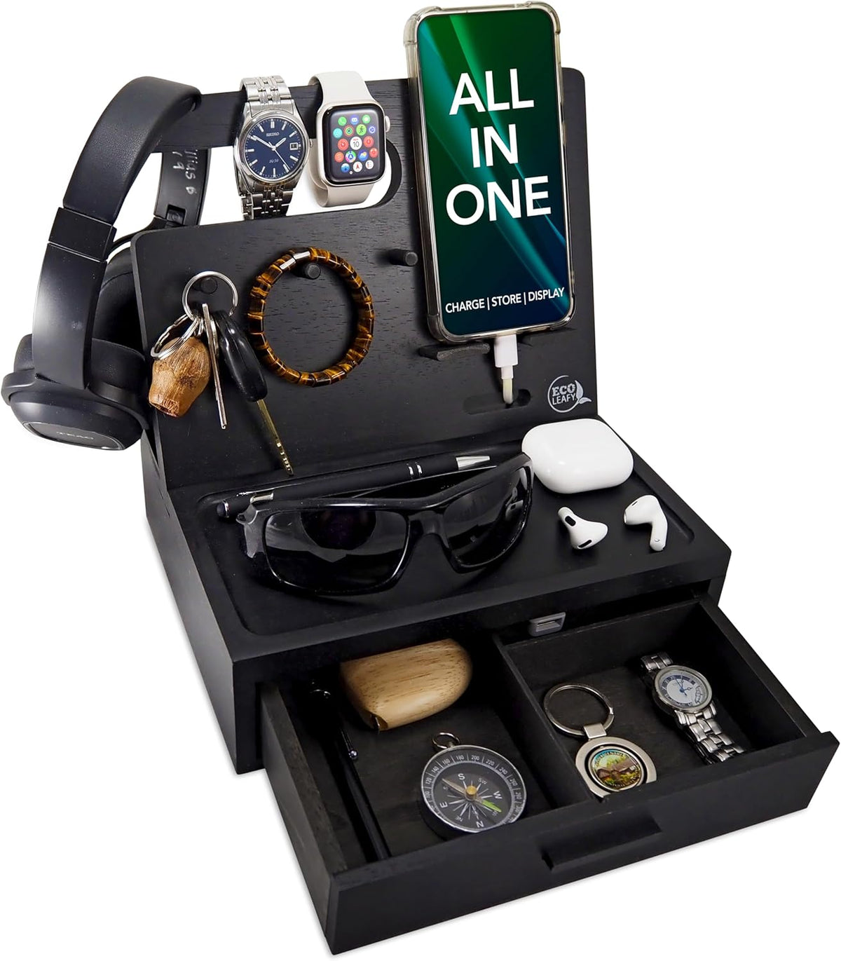 EcoLeafy Dot Nightstand Organizer with Drawer – Wooden Bedside Table Organizer for Phone, Watch, Sunglasses & Everyday Accessories - PuriLite
