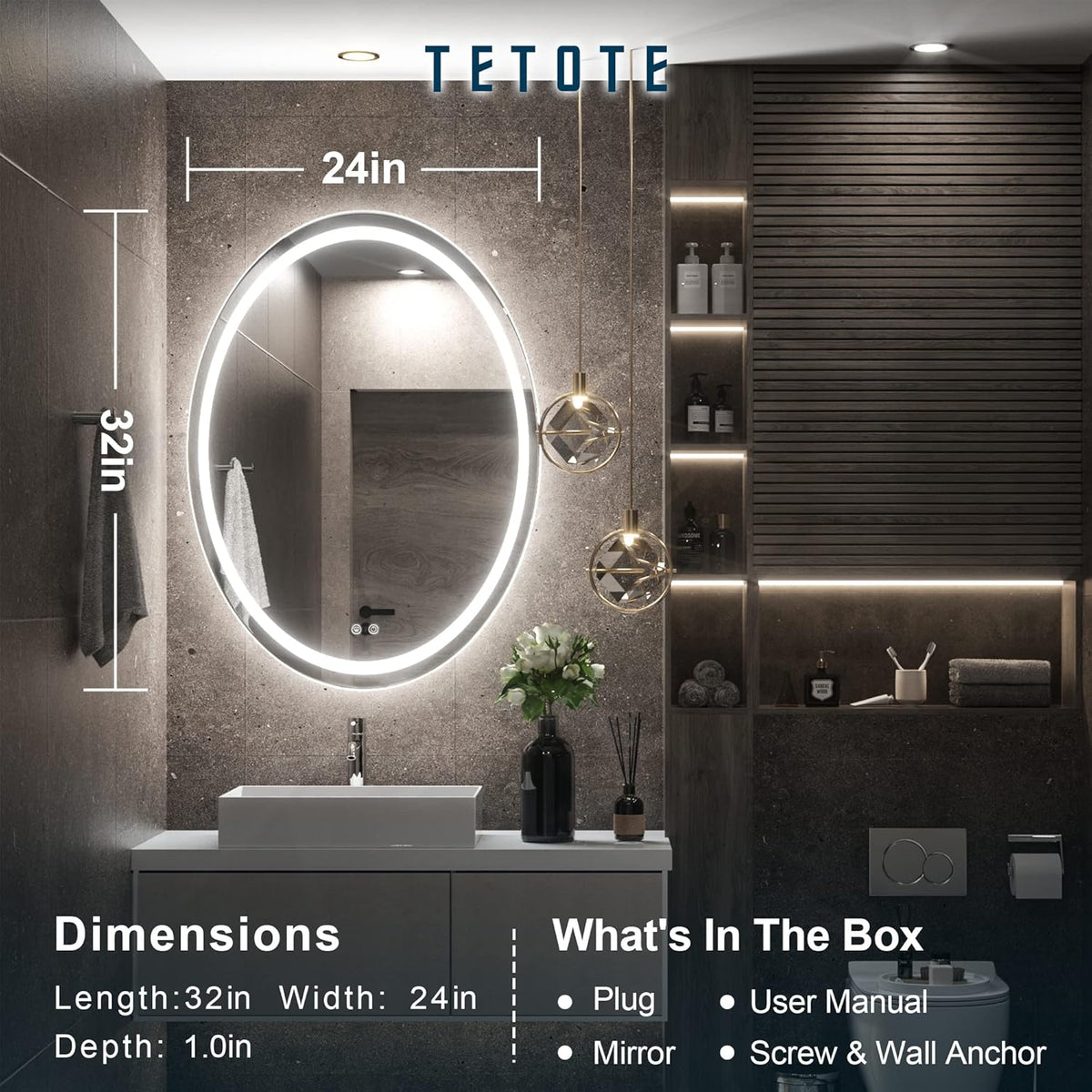 TETOTE 28 Inch Round LED Bathroom Vanity Mirror, Anti-Fog Dimmable Lights IP54 Waterproof Circle Makeup Wall Mounted Mirror - PuriLite
