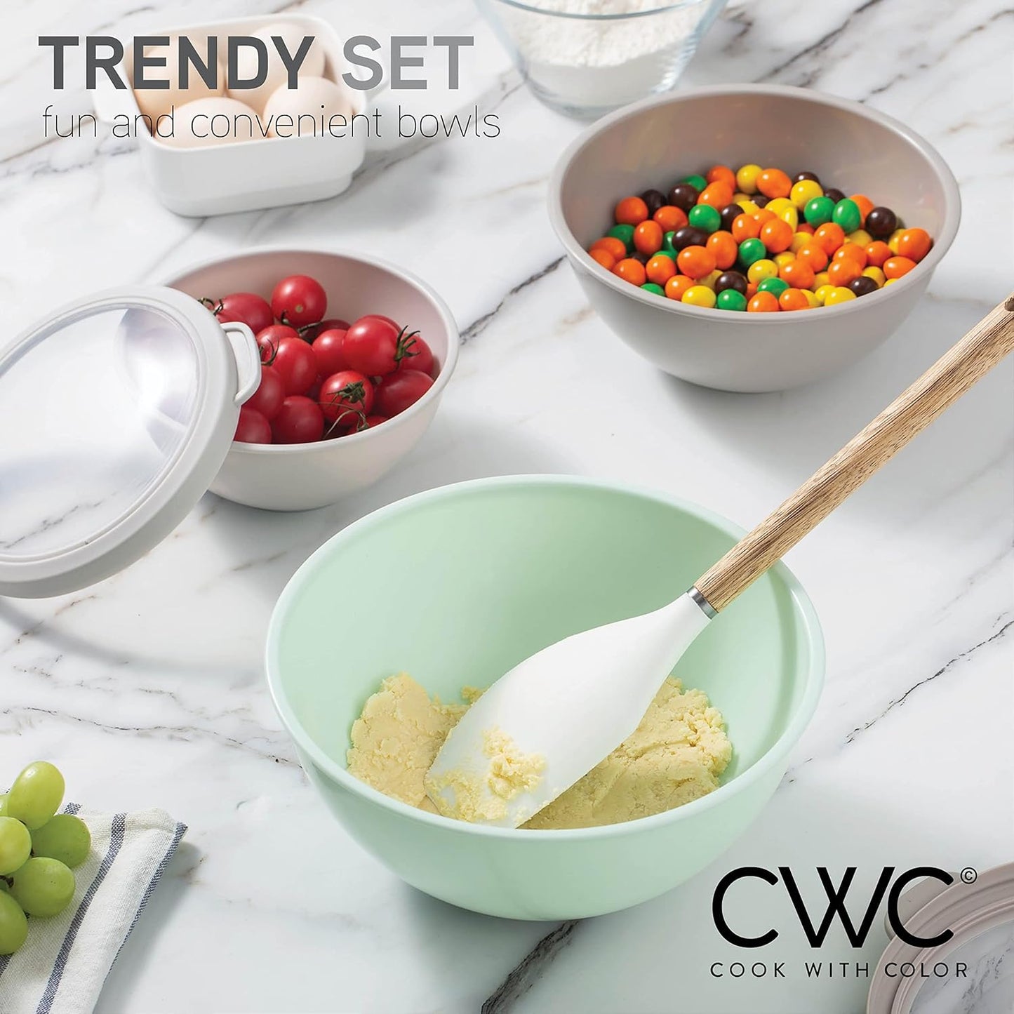 COOK WITH COLOR Mixing Bowls with TPR Lids - 12 Piece Plastic Nesting Bowls Set Includes 6 Prep Bowls and 6 Lids, Microwave Safe Mixing Bowl Set (Mint) - PuriLite