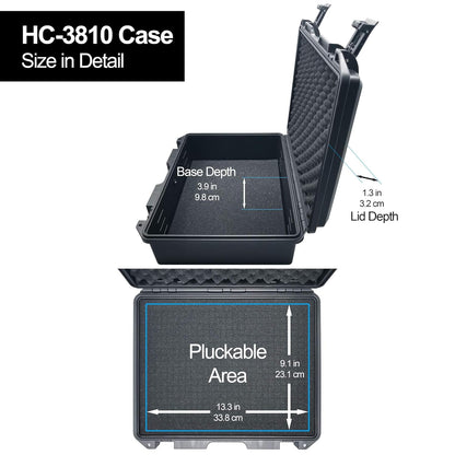 Lykus HC-3810 Waterproof Hard Case with Customizable Foam Insert, Interior Size 38x28x13.5cm, Suitable for Camera, Lens, Drone, mic, Flashlight, Telescope, Action cam, Electronics, Tools, and More - PuriLite