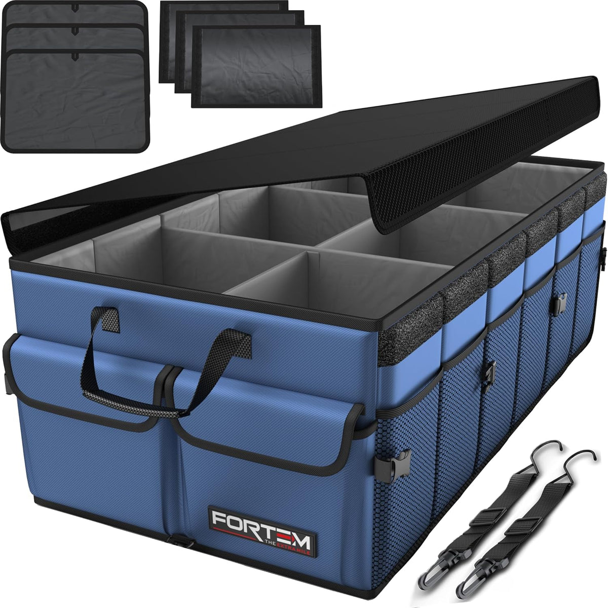 FORTEM Car Trunk Organizer, Collapsible Multi Compartment Car Organizer, Foldable SUV Storage for Car Accessories for Women Men, Non Slip Bottom, Securing Straps, Soft Cover 50L (Black, Standard) - PuriLite