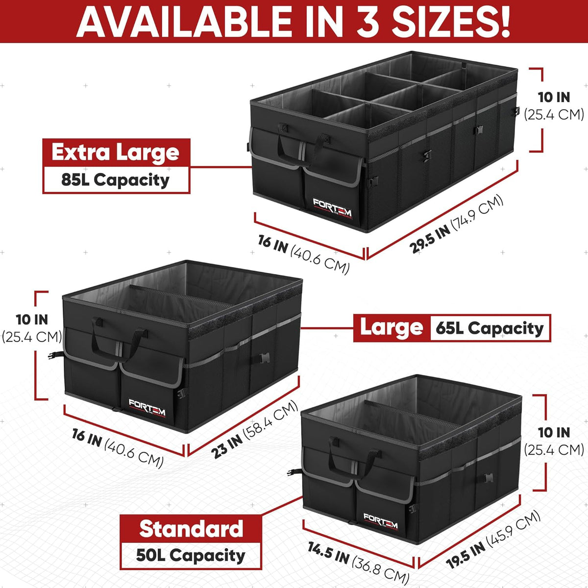 FORTEM Car Trunk Organizer, Collapsible Multi Compartment Car Organizer, Foldable SUV Storage for Car Accessories for Women Men, Non Slip Bottom, Securing Straps, Soft Cover 50L (Black, Standard) - PuriLite