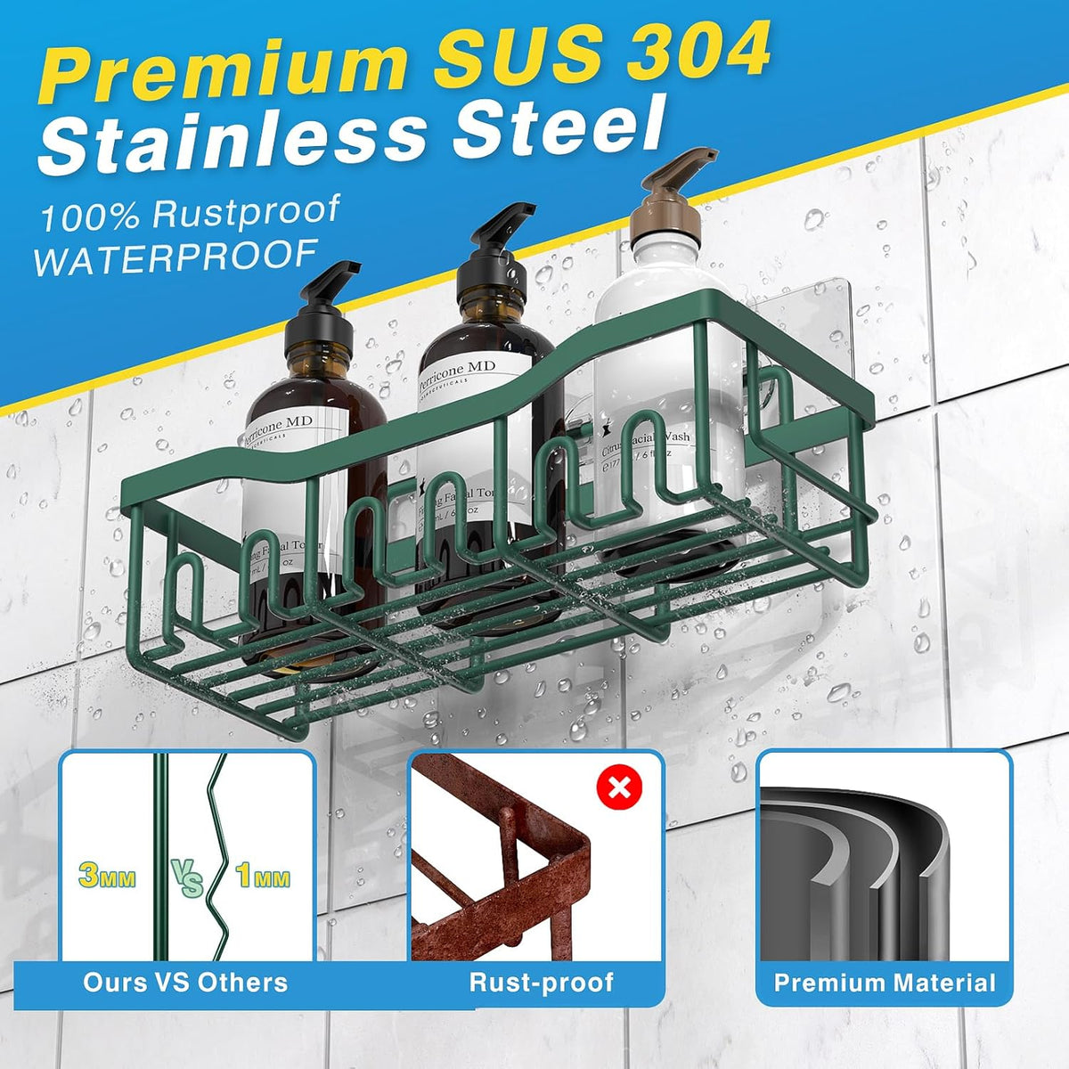 EUDELE 5-Pack Rustproof Stainless Steel Shower Caddy – No Drill Adhesive Bathroom Organizer with Large Capacity, Spacious Shower Shelves for Inside Shower, Kitchen & Home Decor Storage - PuriLite