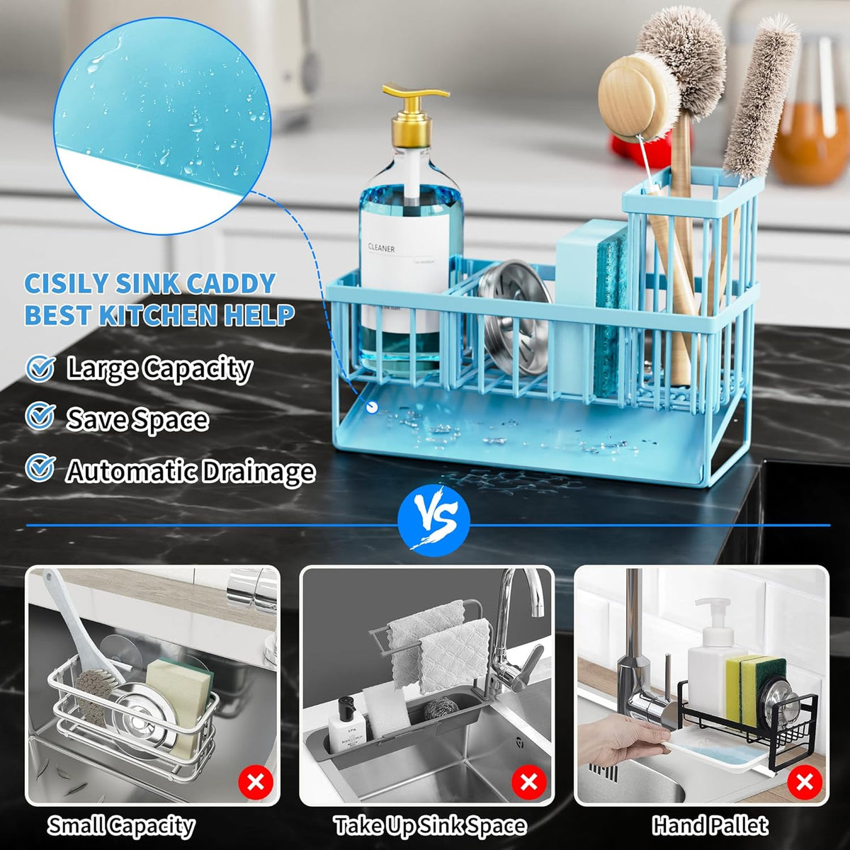 Cisily Kitchen Sink Caddy Organzier with High Brush Holder, Sponge Holder for Sink, 304 Rustproof Stainless, Kitchen Countertop Soap Dispenser Organizer, Kitchen Decor and Accessories (Black) - PuriLite