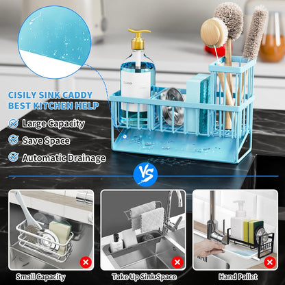 Cisily Kitchen Sink Caddy Organzier with High Brush Holder, Sponge Holder for Sink, 304 Rustproof Stainless, Kitchen Countertop Soap Dispenser Organizer, Kitchen Decor and Accessories (Black) - PuriLite