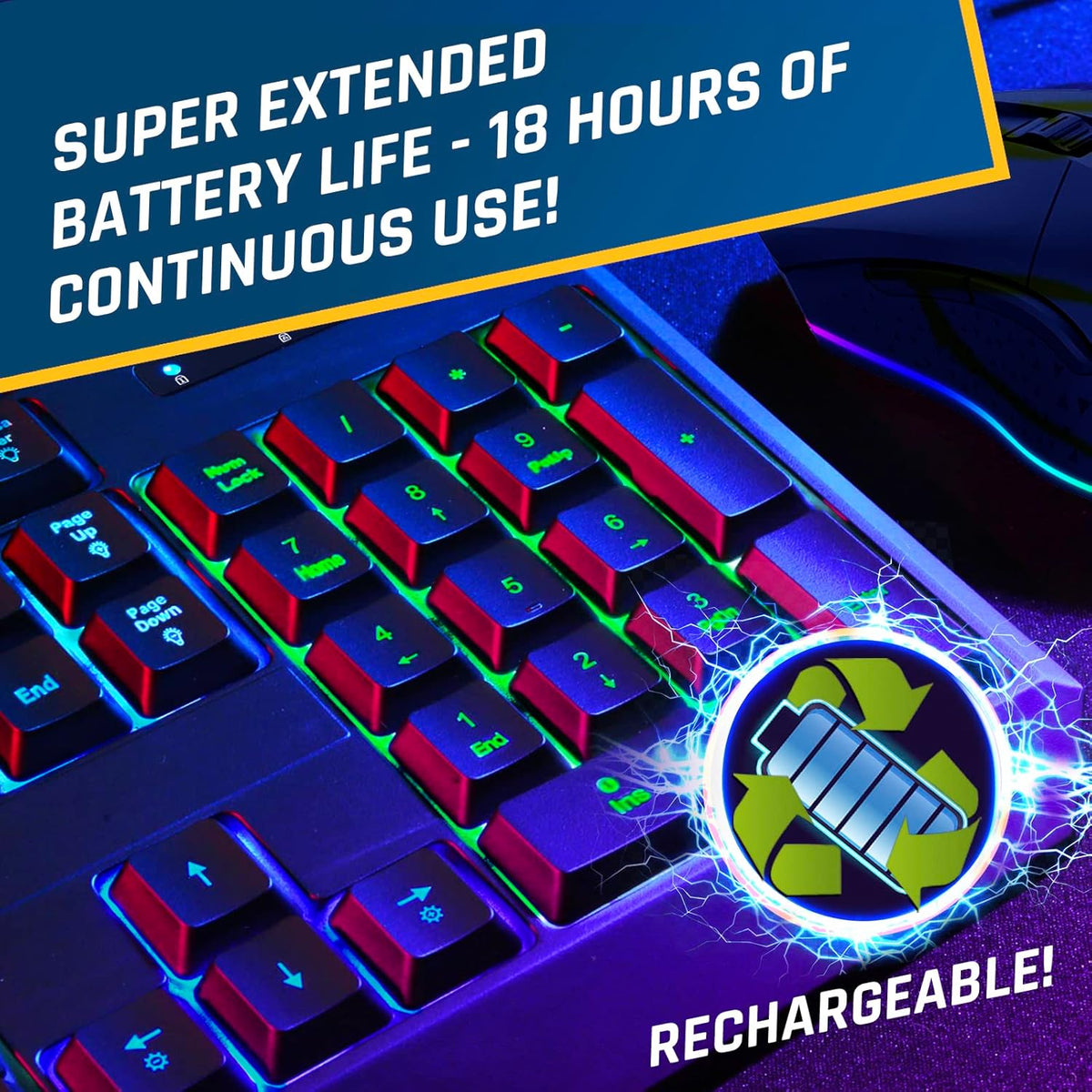 KLIM  Chroma Wireless Gaming Keyboard RGB New - Long-Lasting Rechargeable Battery - Quick and Quiet Typing - Water Resistant Backlit Wireless Keyboard for PC PS5 PS4 Mac - Black - PuriLite