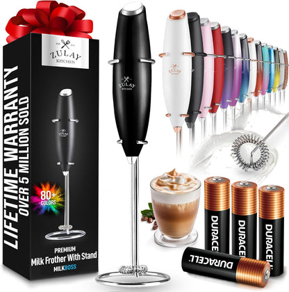 Zulay Kitchen Powerful Double Whisk Milk Frother Handheld - Foam Maker with Stand - Whisk Drink Mixer for Coffee, Mini Foamer for Latte, Matcha, Frappe, Hot Chocolate & Cappuccino (Black) - PuriLite