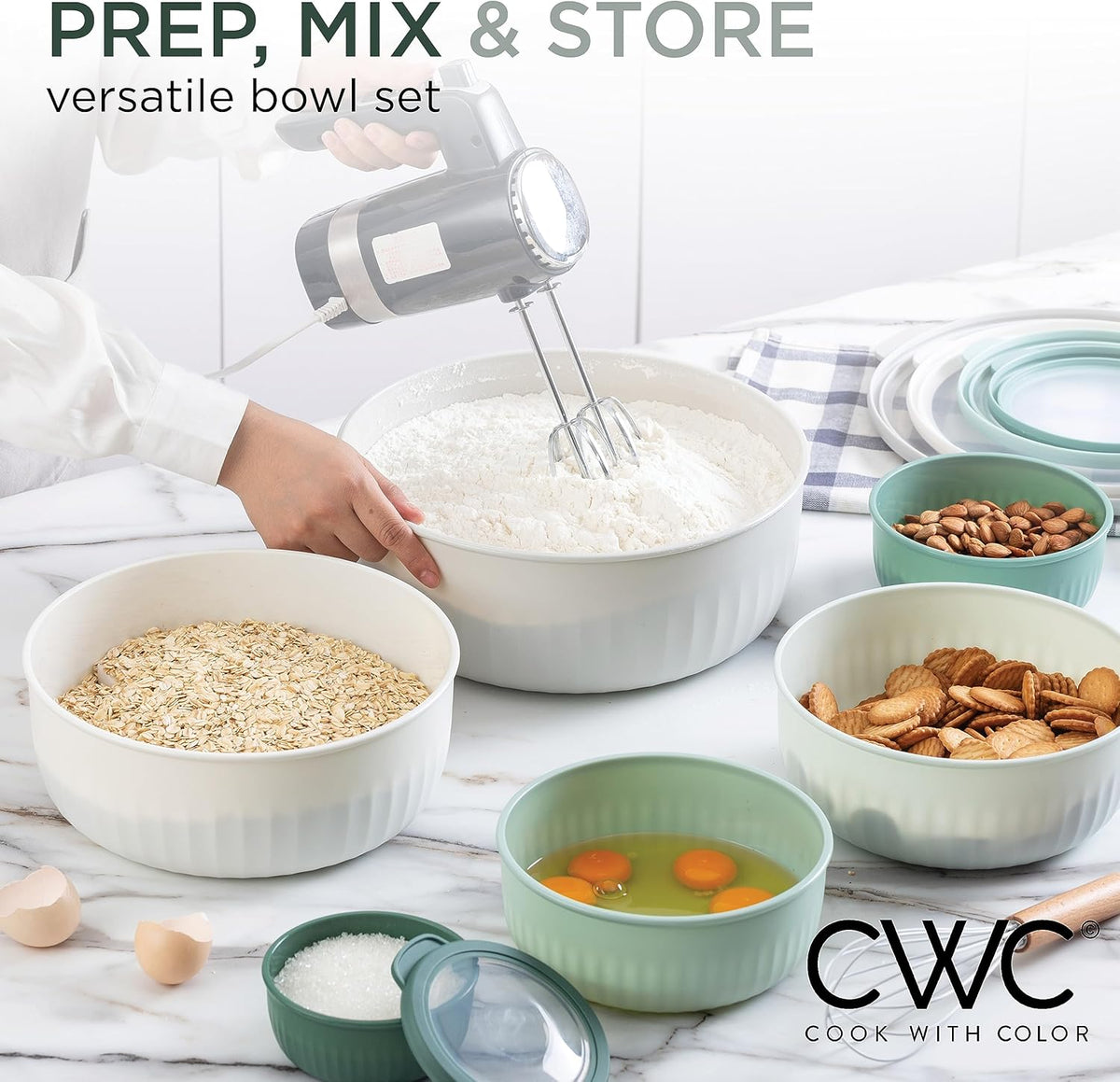 COOK WITH COLOR Prep Bowls with Lids- 8 Piece Nesting Plastic Small Mixing Bowl Set with Lids (Teal Ombre) - PuriLite