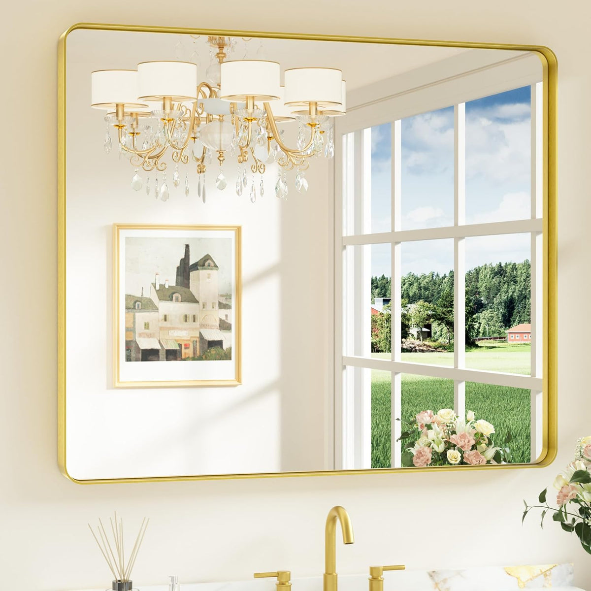 Keonjinn 42 x 36 Brushed Nickel Bathroom Vanity Mirror, Large Rounded Rectangle Bathroom Mirrors for over Sink, Metal Framed Silver Mirror for Wall, Shatterproof HD Tempered Glass(Horizontal/Vertical) - PuriLite