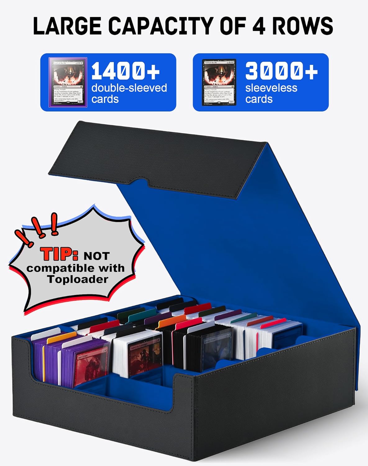 ZLCA Card Storage Box for MTG PTCG, Commander Deck Box Holds 3000+ Cards, Card Storage Case with 4 Stoppers, Card Organizer for TCG Sport Cards (Black) - PuriLite