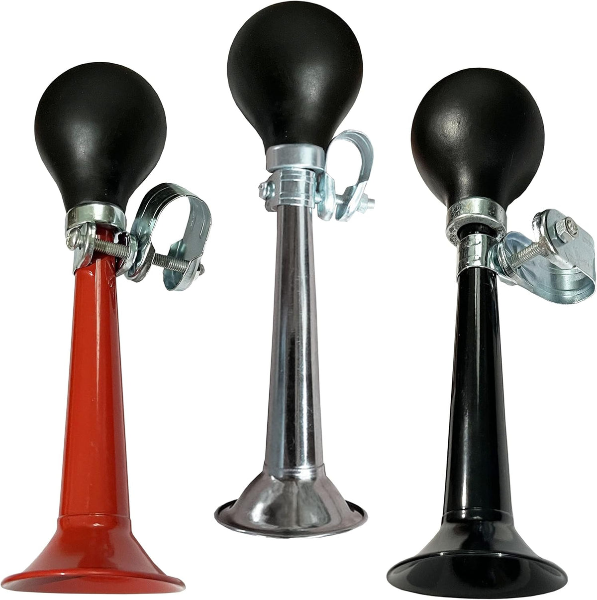 3 Pack Bike Bugle Horn Metal Air Horn Retro Metal Squeeze Bulb Clown Horn Fits Kids Bicycle Handle Bar and Golf Cart, Silver, Black , Red - PuriLite