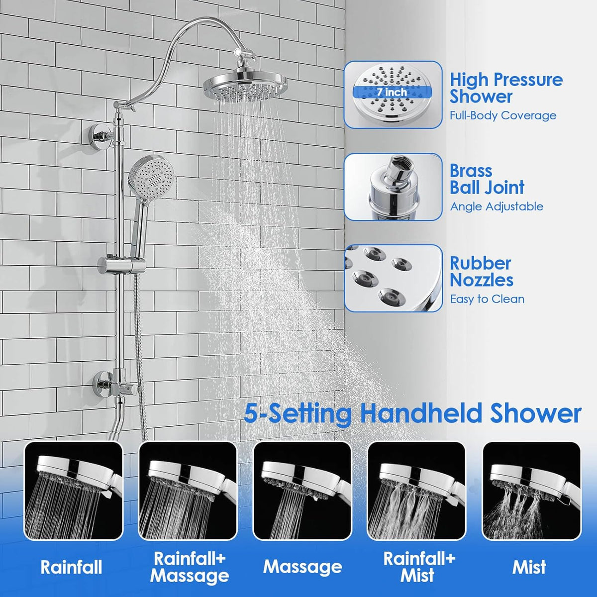 ROVOGO Retrofit Shower System with 7" RainShower, 5-Setting Handheld, 22" Slide Bar with 3-Way Rotary Diverter, Exposed Pipe Shower Column Kit 304 Stainless Steel, Chrome (NOT Include Mixer Valve) - PuriLite