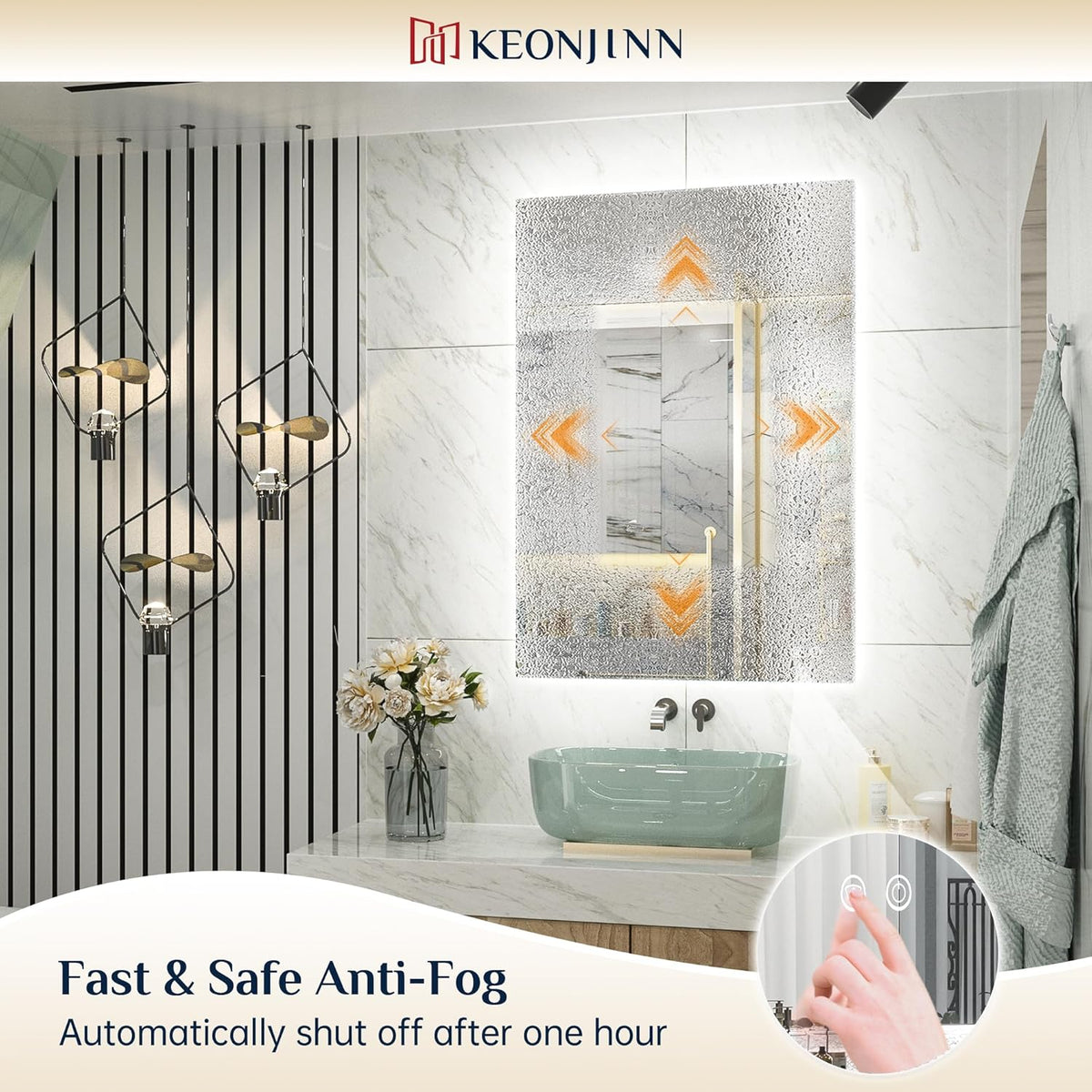 Keonjinn 40 x 32 Inch LED Bathroom Mirror with Acrylic, Backlit Mirror Anti-Fog, Lighted Bathroom Mirror for Wall, CRI90 High Definition Dimmable Large Makeup Mirror(Horizontal/Vertical) - PuriLite