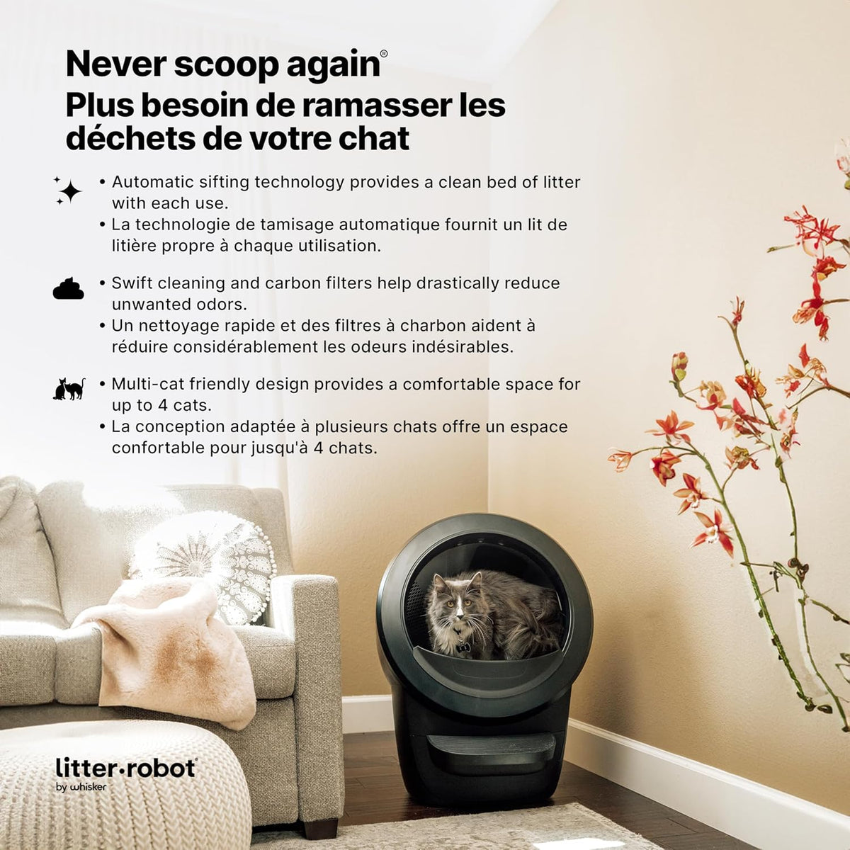 Litter-Robot 4 with Step & Fence by Whisker, White - Automatic, Self-Cleaning Cat Litter Box, Helps Reduce Litter Box Odors, Never Scoop Again, Includes 1 Year of WhiskerCare - PuriLite